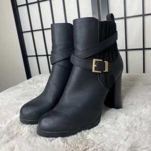 Juicy Couture Black Heeled Boots with Gold Buckle